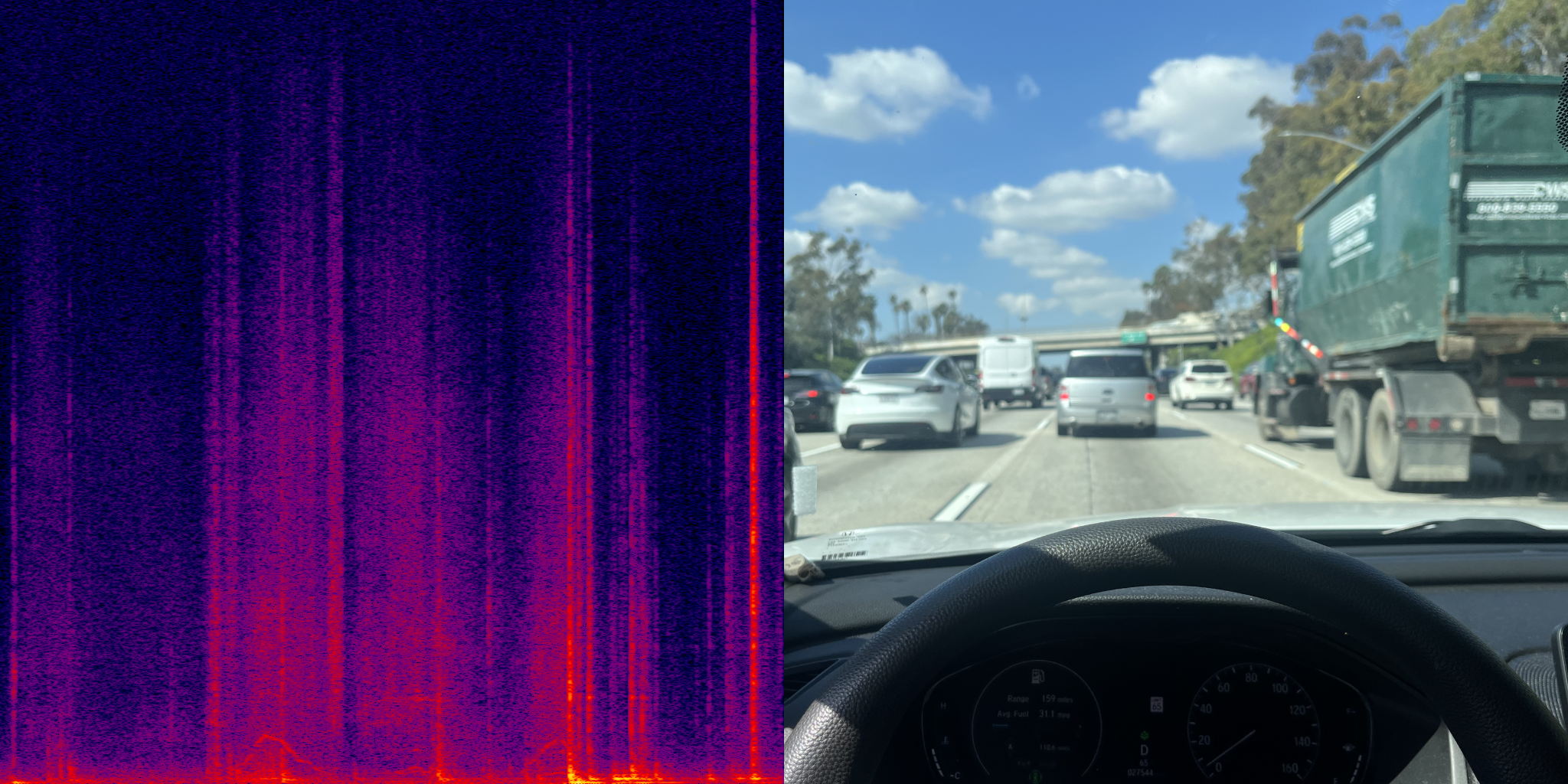 A spectrogram next to a pov image of wylie sitting in traffic on a los angeles freeway.